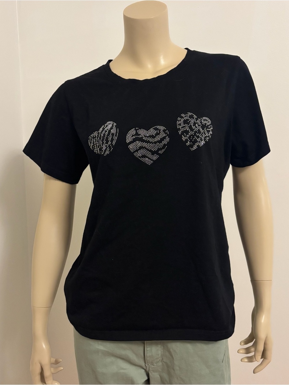 Black Short Sleeve Tee with Triple Heart Studs - Women